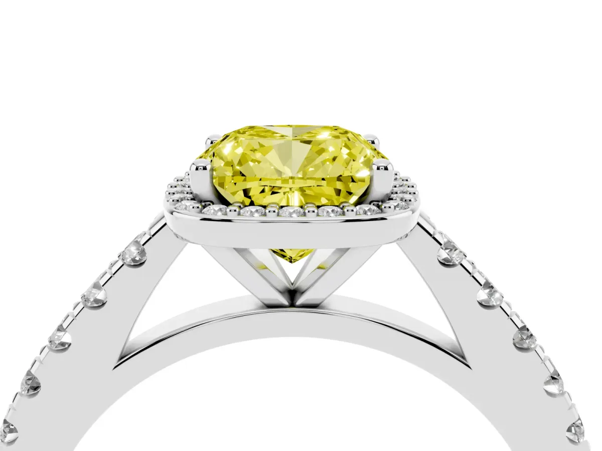 Fancy Yellow Cushion Cut Cut Halo Diamond Engagement Ring with Pave Band and Four-Prong Setting Silver