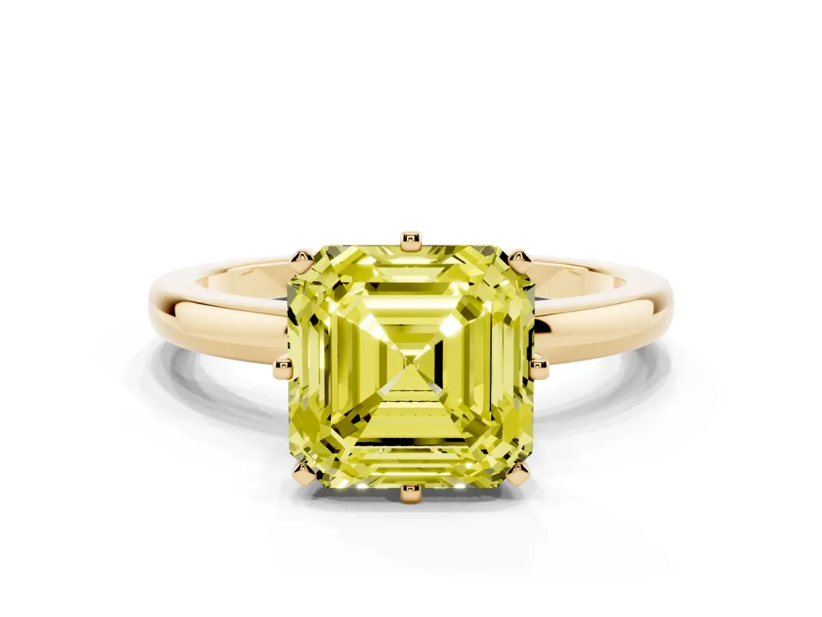 Fancy Yellow Asscher Cut Solitaire Diamond Ring with Six-Prong Setting on a Classic Band Yellow gold