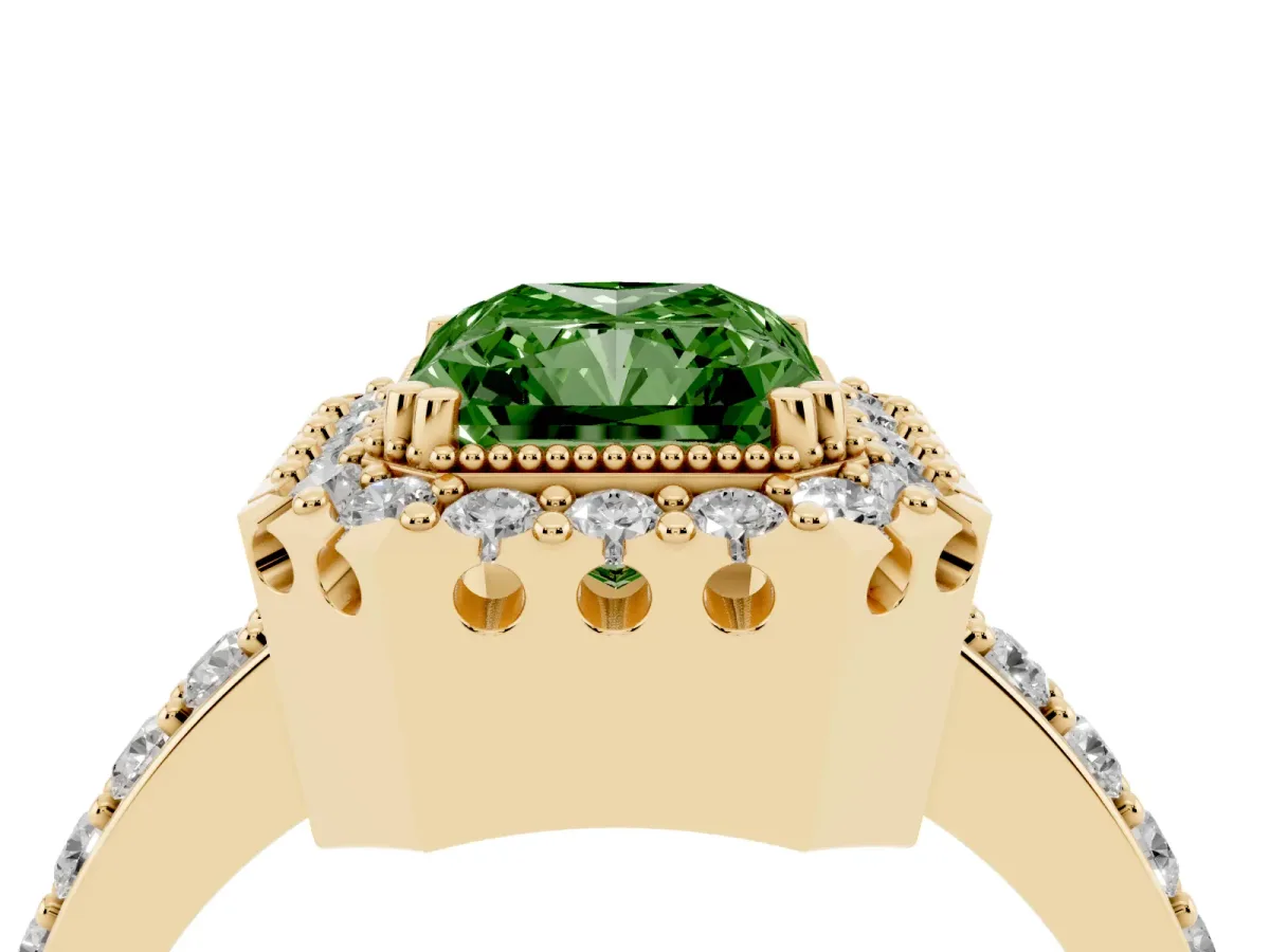 Fancy Green Radiant Cut Diamond Halo Ring with Pavé Band and Prong Setting Yellow gold