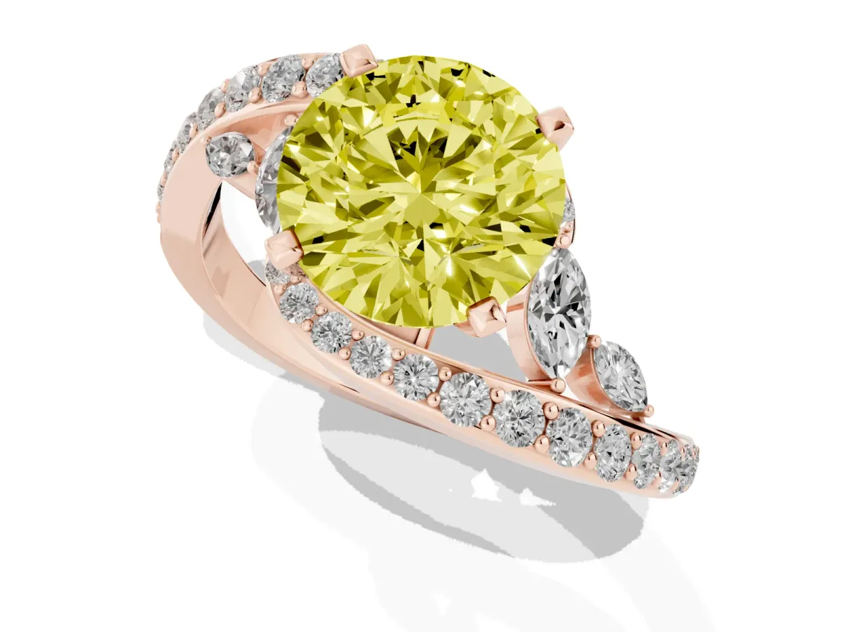 Fancy Yellow Round Cut Solitaire with Pavé Twist Band and Four-Prong Setting Rose gold