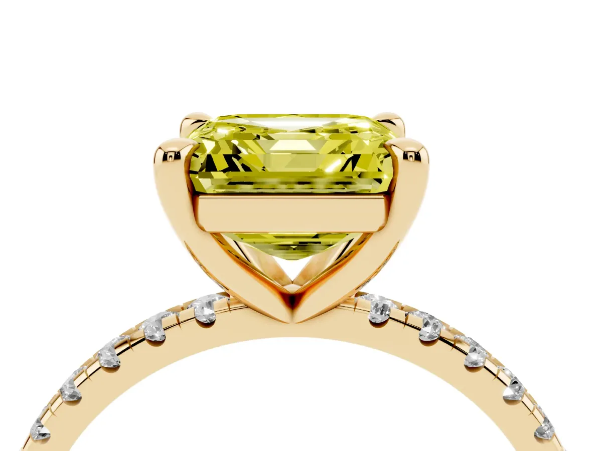 Fancy Yellow Asscher Cut Diamond Brilliant Solitaire Ring with Pavé Band and Four-Prong Setting Yellow gold