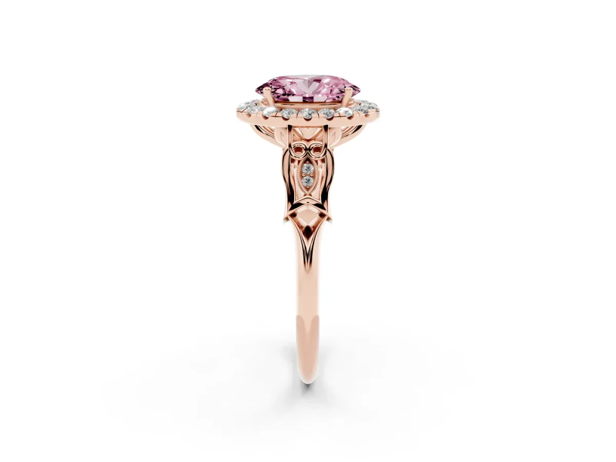 Fancy Pink Oval Cut Halo Diamond Engagement Ring with Filigree Band and Four-Prong Setting Rose gold