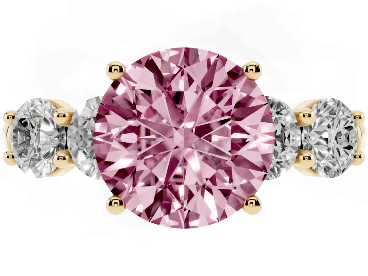 Fancy Pink Round Cut Cut Five-Stone Prong Set Diamond Ring with Classic Band Yellow gold