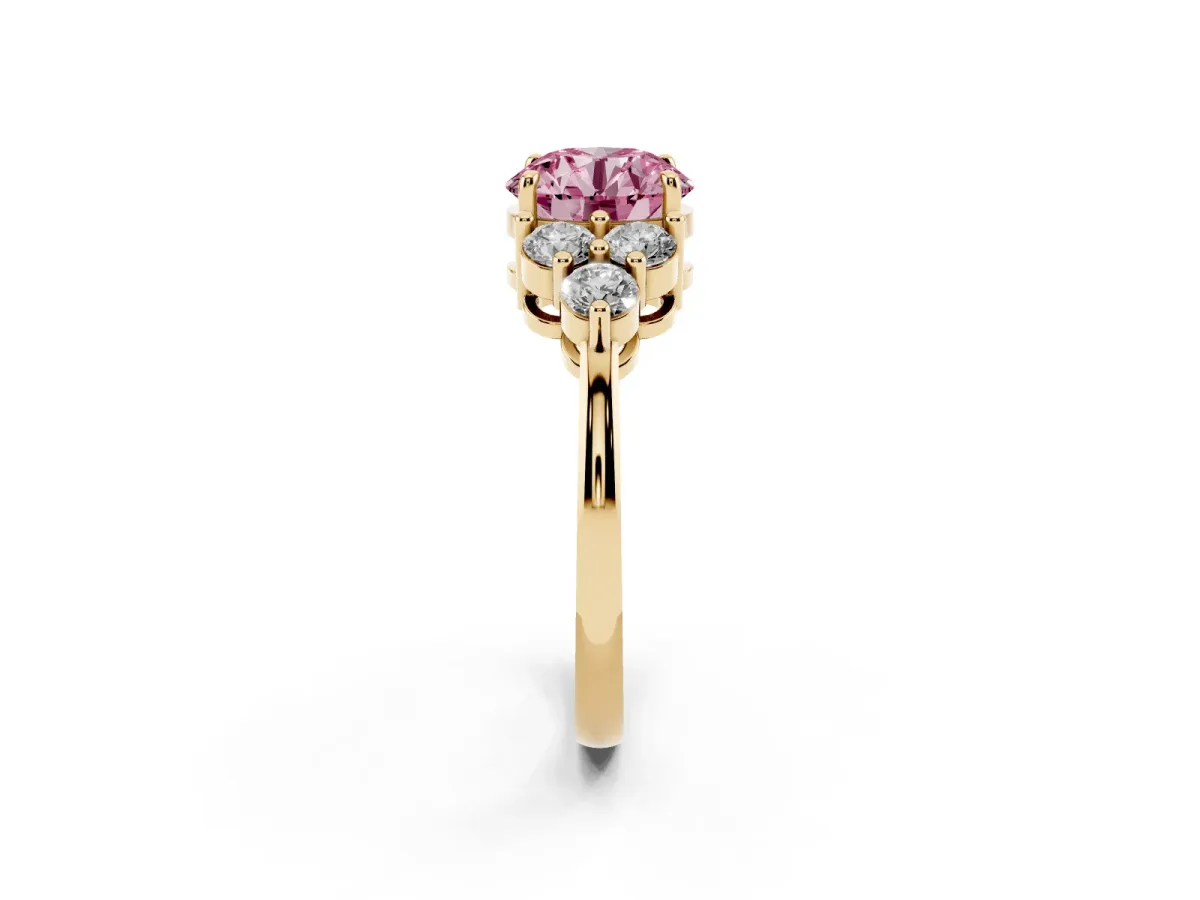 Fancy Pink Round Cut Brilliant Diamond Cluster Accent Solitaire Ring with Prong Setting Yellow gold