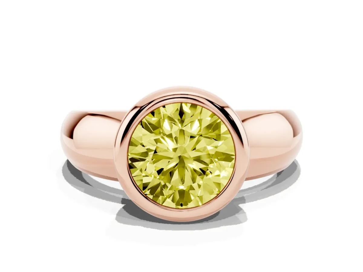 Fancy Yellow Bezel Set Round Cut Solitaire Ring with Wide Band Rose gold
