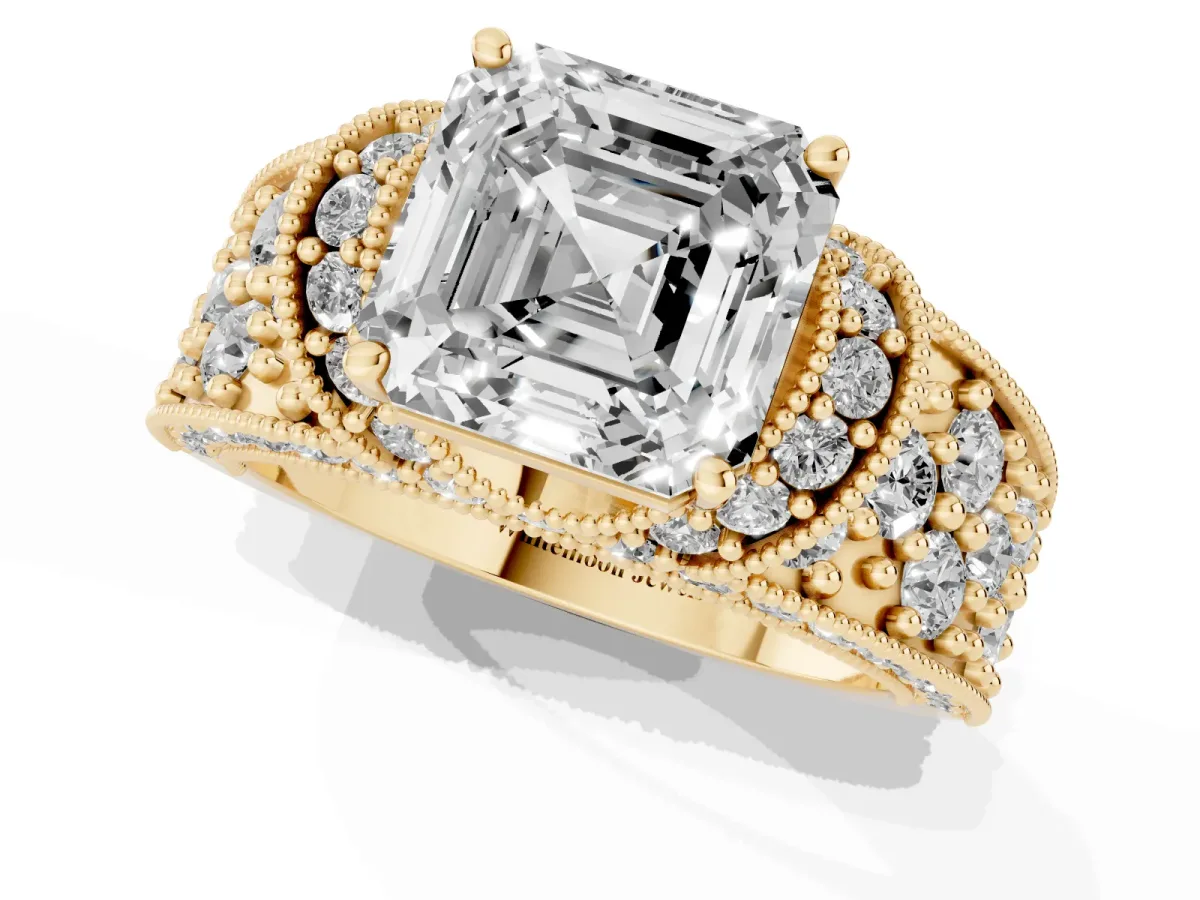 Asscher Cut Halo Pave Diamond Engagement Ring with Milgrain Detailing Yellow gold
