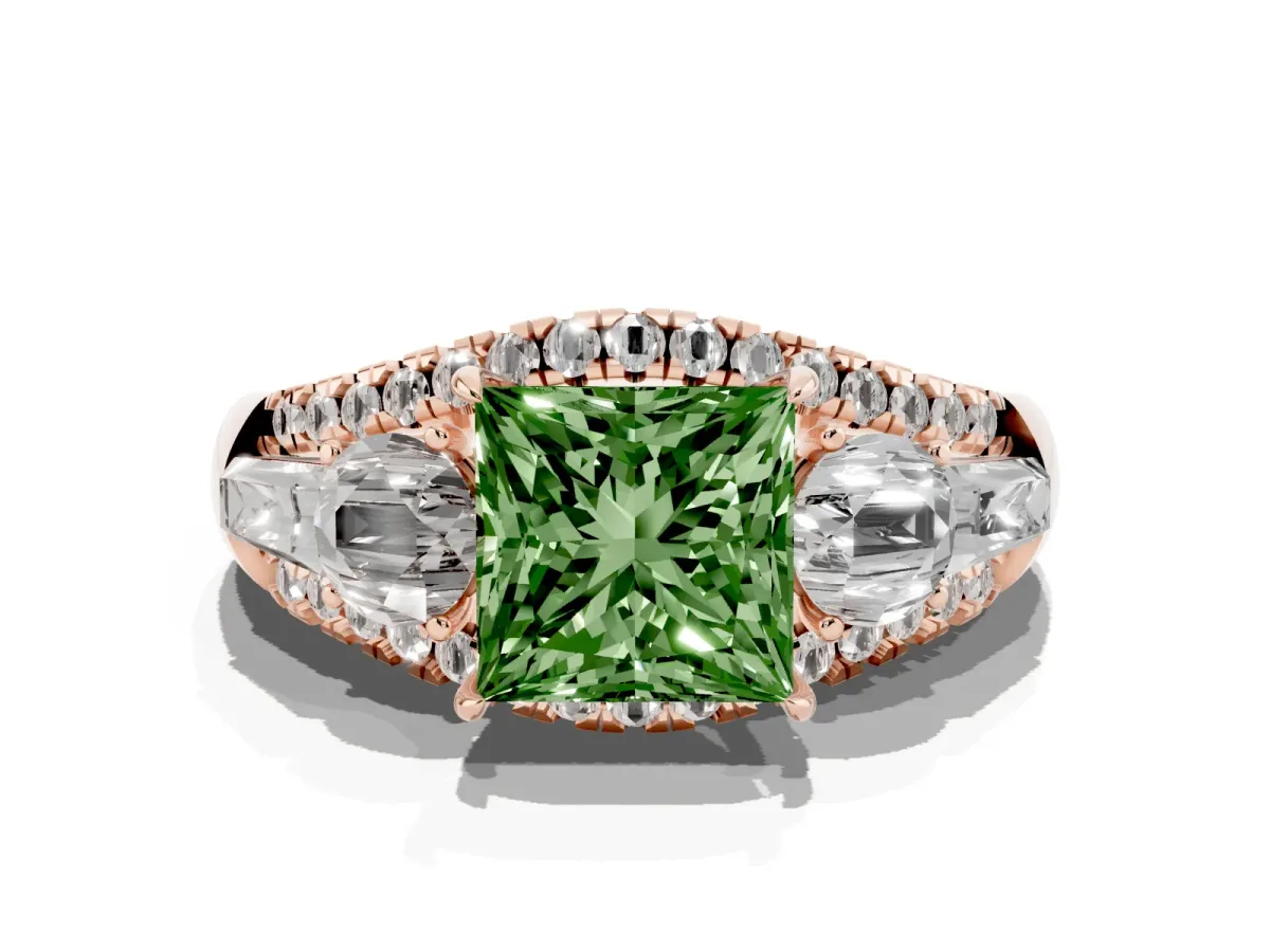 Fancy Green Three-Stone Princess Cut Diamond Engagement Ring with Pave Band and Prong Setting Rose gold