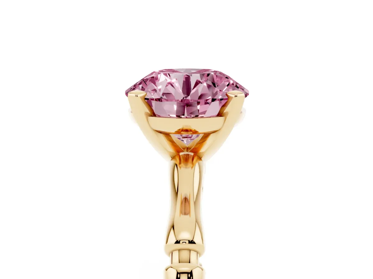 Fancy Pink Round Cut Solitaire Diamond Ring with Bamboo Band and Four-Prong Setting Yellow gold