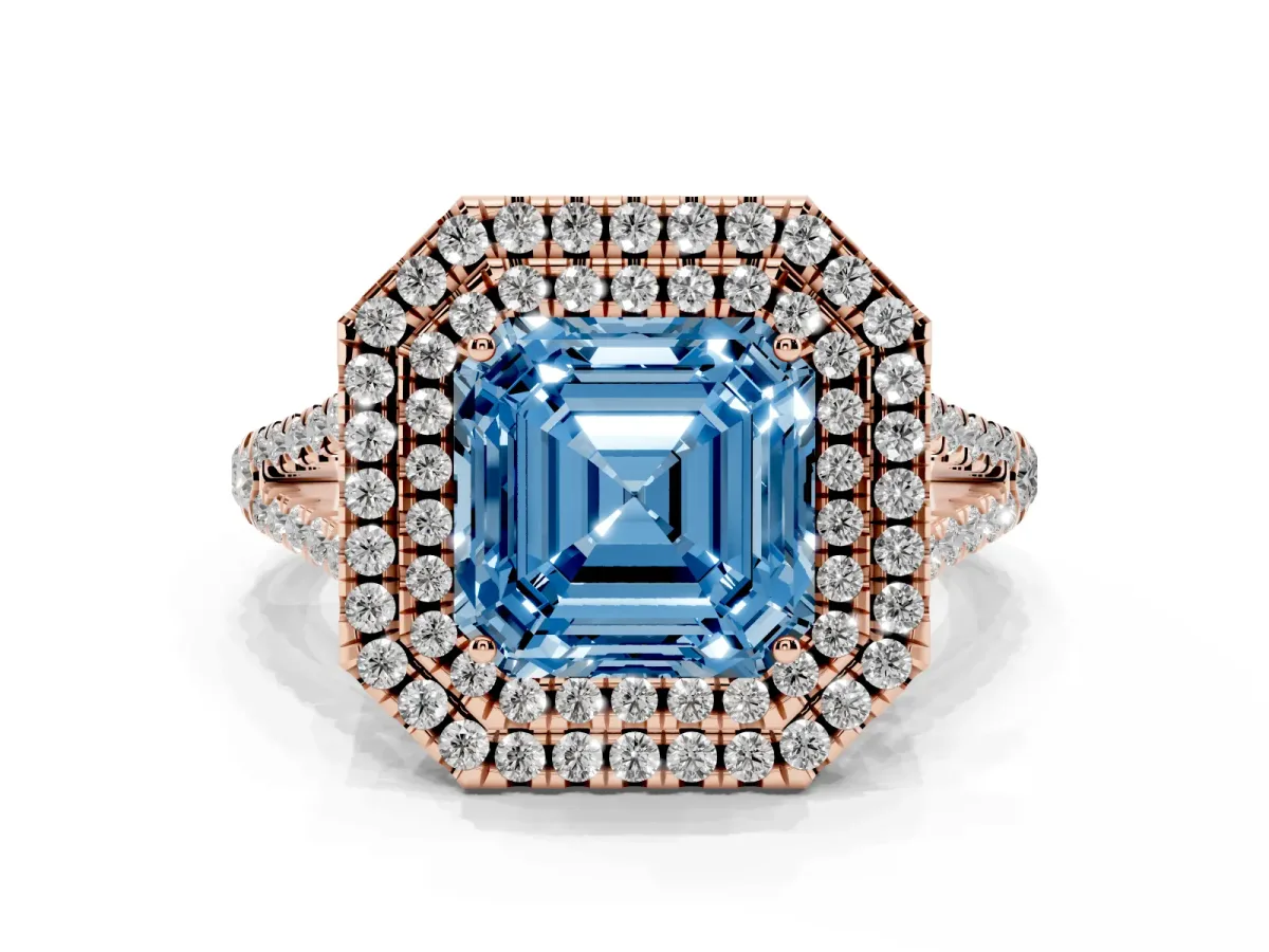 Fancy Blue Asscher Cut Diamond Double Halo Ring with Pavé Band and Prong Setting Rose gold