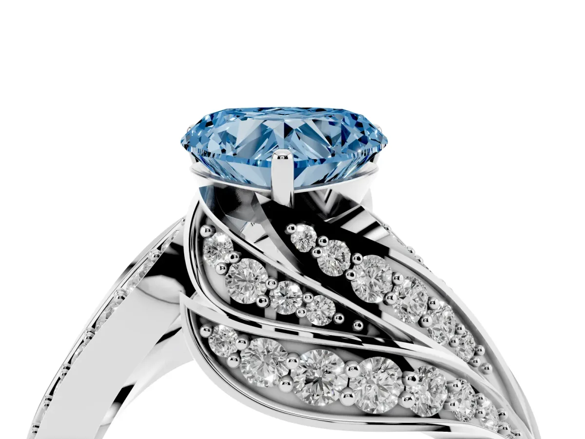 Fancy Blue Heart Cut Diamond Solitaire Ring with Prong Setting and Twisted Pavé Band Silver