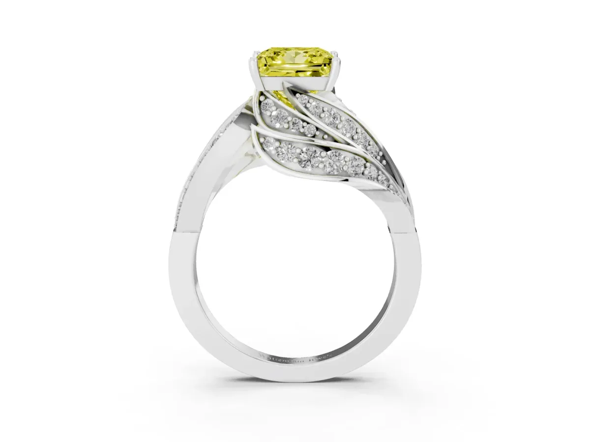 Fancy Yellow Princess Cut Diamond Solitaire Ring with Prong Setting and Twisted Pavé Band White gold