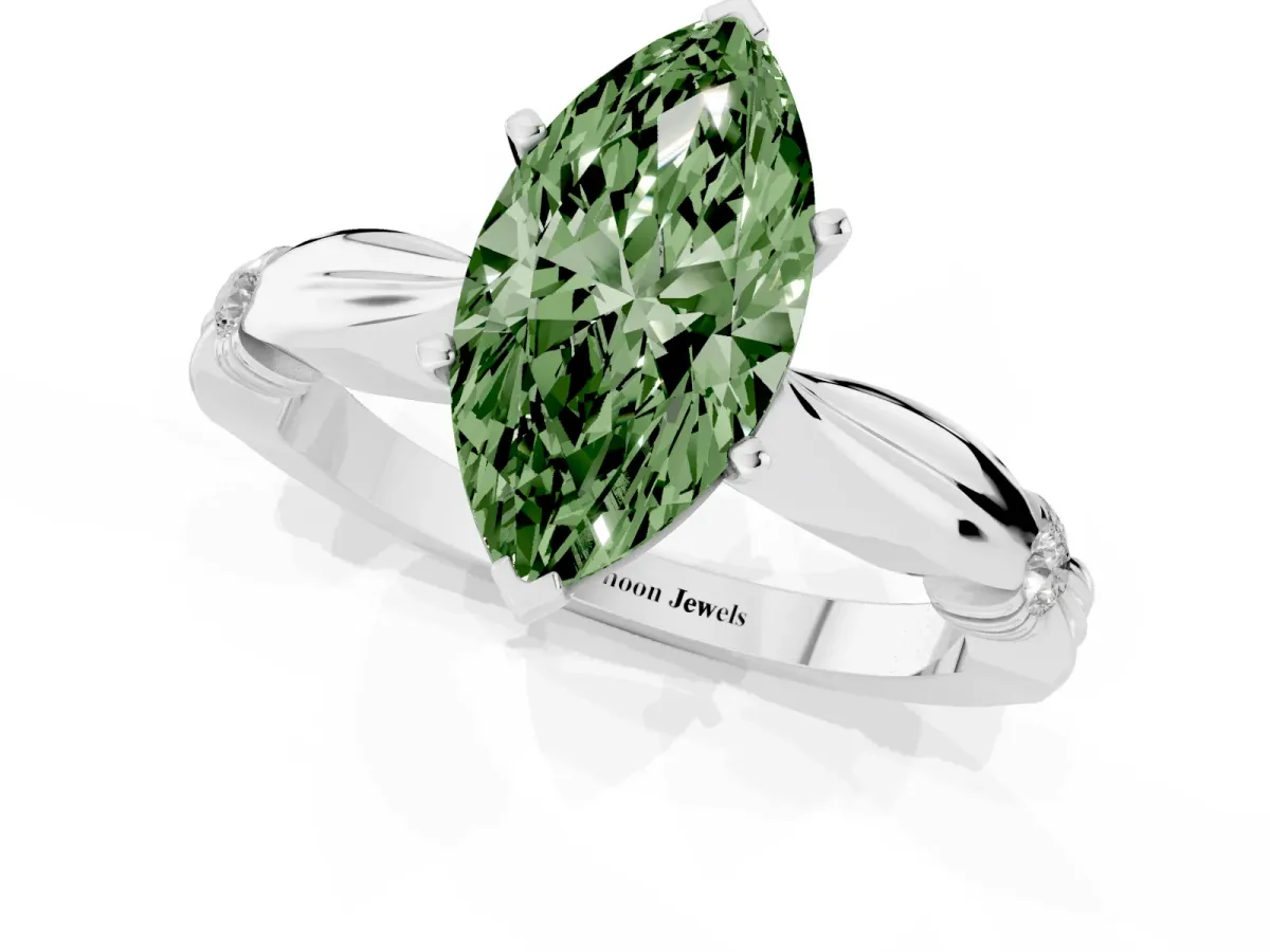 Fancy Green Marquise Cut Solitaire Diamond Twisted Band with Four-Prong Setting Silver