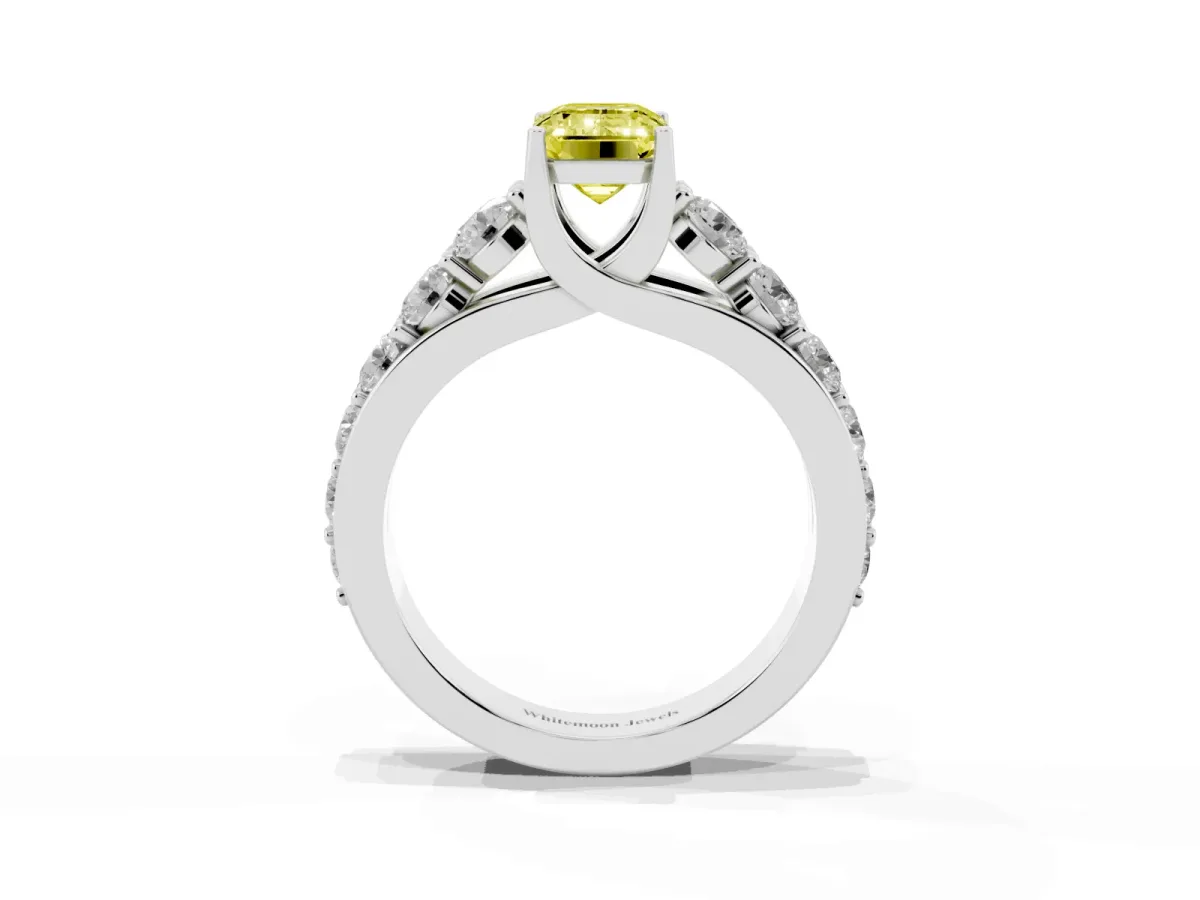 Fancy Yellow Emerald Cut Diamond Engagement Ring with Pavé Band and Four-Prong Setting Silver