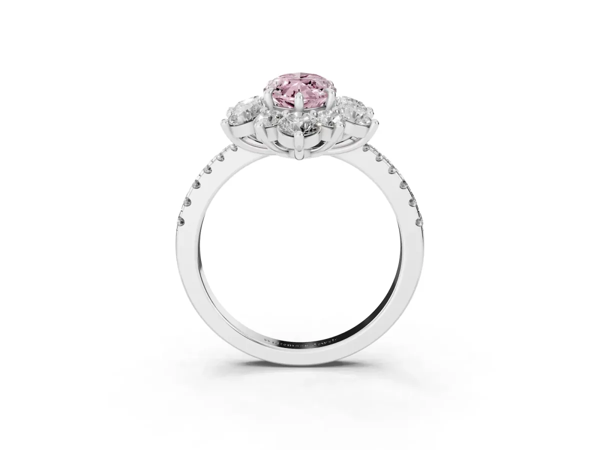 Fancy Pink Marquise Cut Diamond Floral Halo Ring with Round Pavé Band and Prong Setting White gold