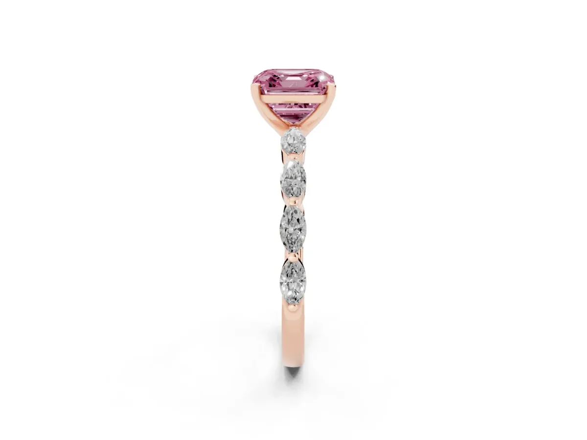 Fancy Pink Asscher Cut Diamond Ring with Marquise Side Stones and Prong Setting Rose gold