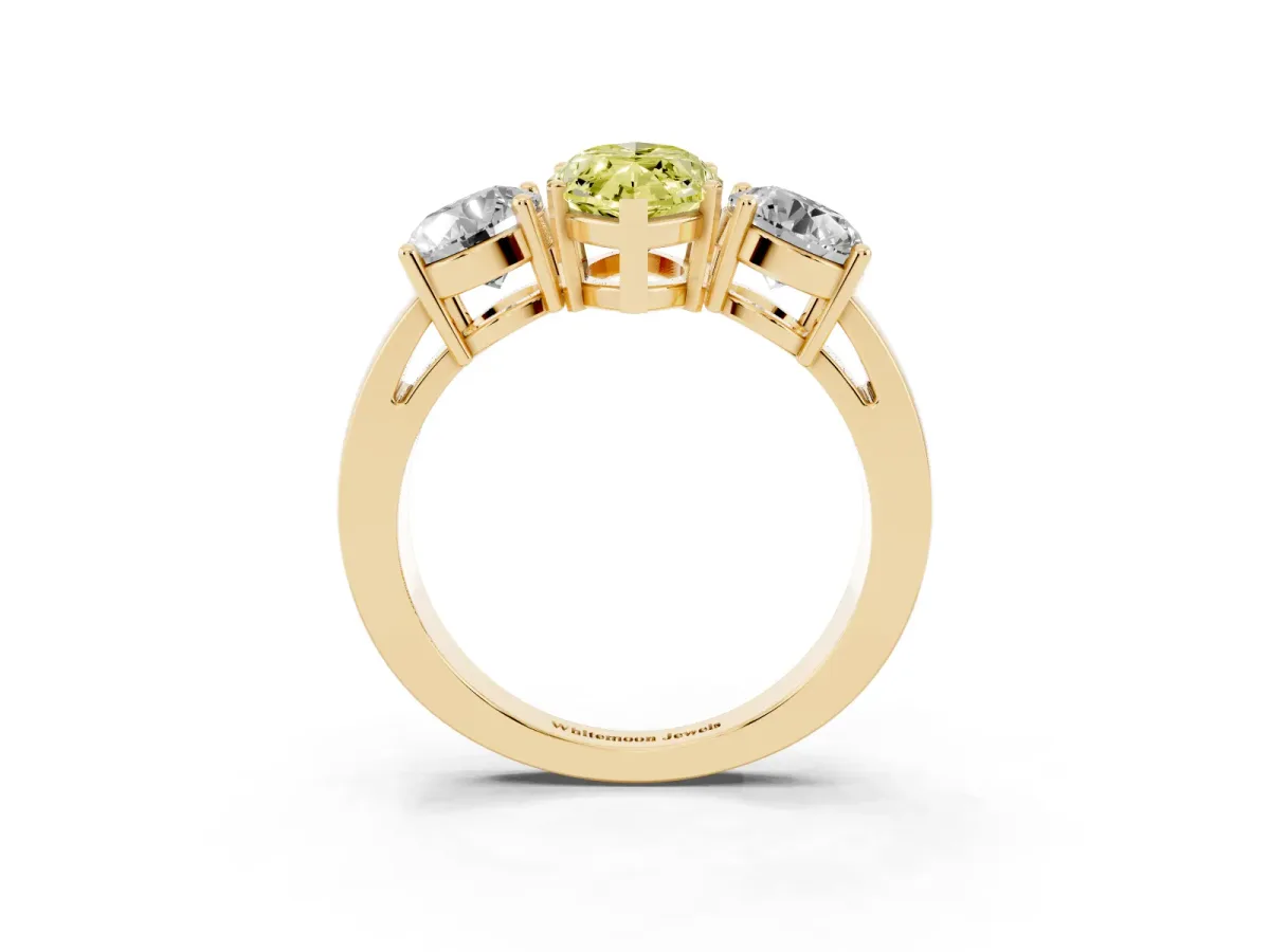 Fancy Yellow Three-Stone Marquise Cut Diamond Ring with Round Side Stones, Classic Band, and Four-Prong Setting Yellow gold