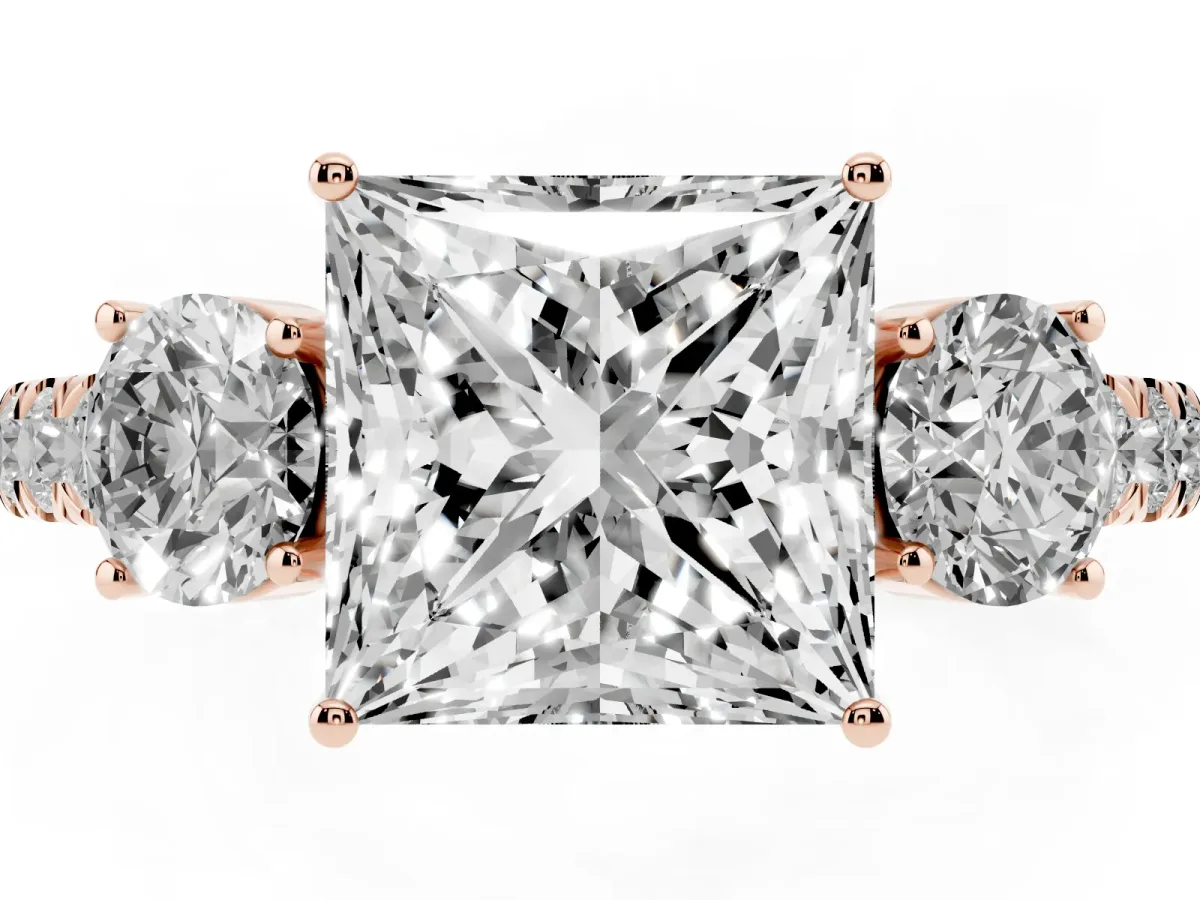 Princess Cut Cut Diamond Three-Stone Ring with Round Side Stones and Pavé Band Rose gold