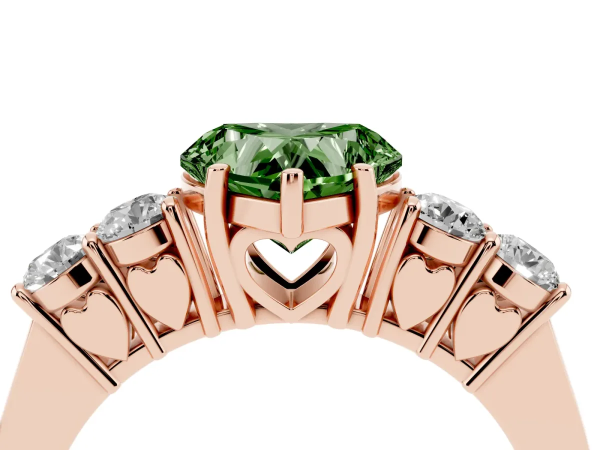 Fancy Green Heart Cut Cut Diamond Five-Stone Prong Set White Gold Ring Rose gold