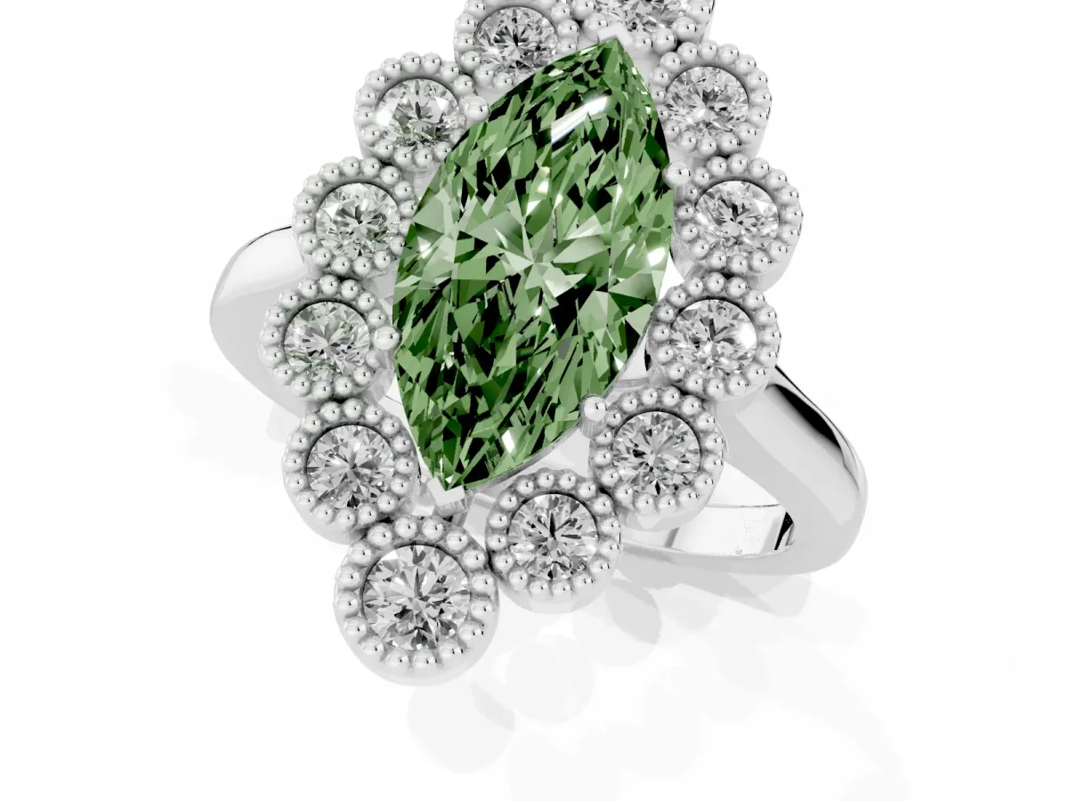 Fancy Green Marquise Cut Halo Diamond Cluster Engagement Ring with Milgrain Bezel Setting and Solitaire Band White gold
