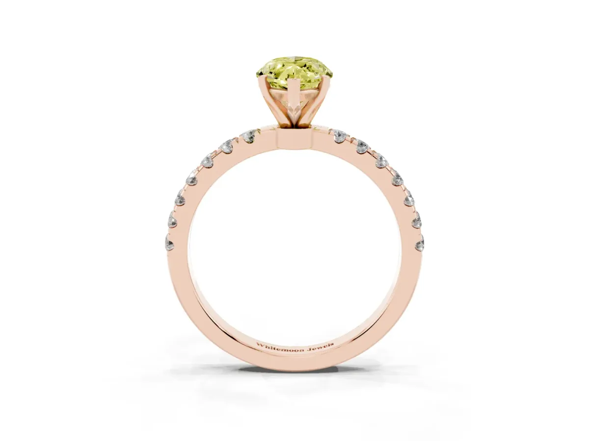 Fancy Yellow Marquise Cut Diamond Solitaire Ring with Pavé Accents and Four-Prong Setting Rose gold