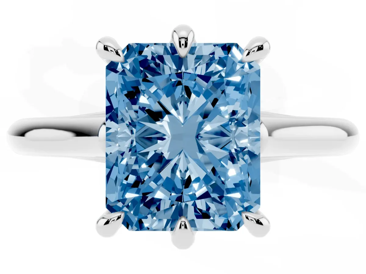 Fancy Blue Radiant Cut Solitaire Engagement Ring with Six-Prong Setting and Classic Band Platinum