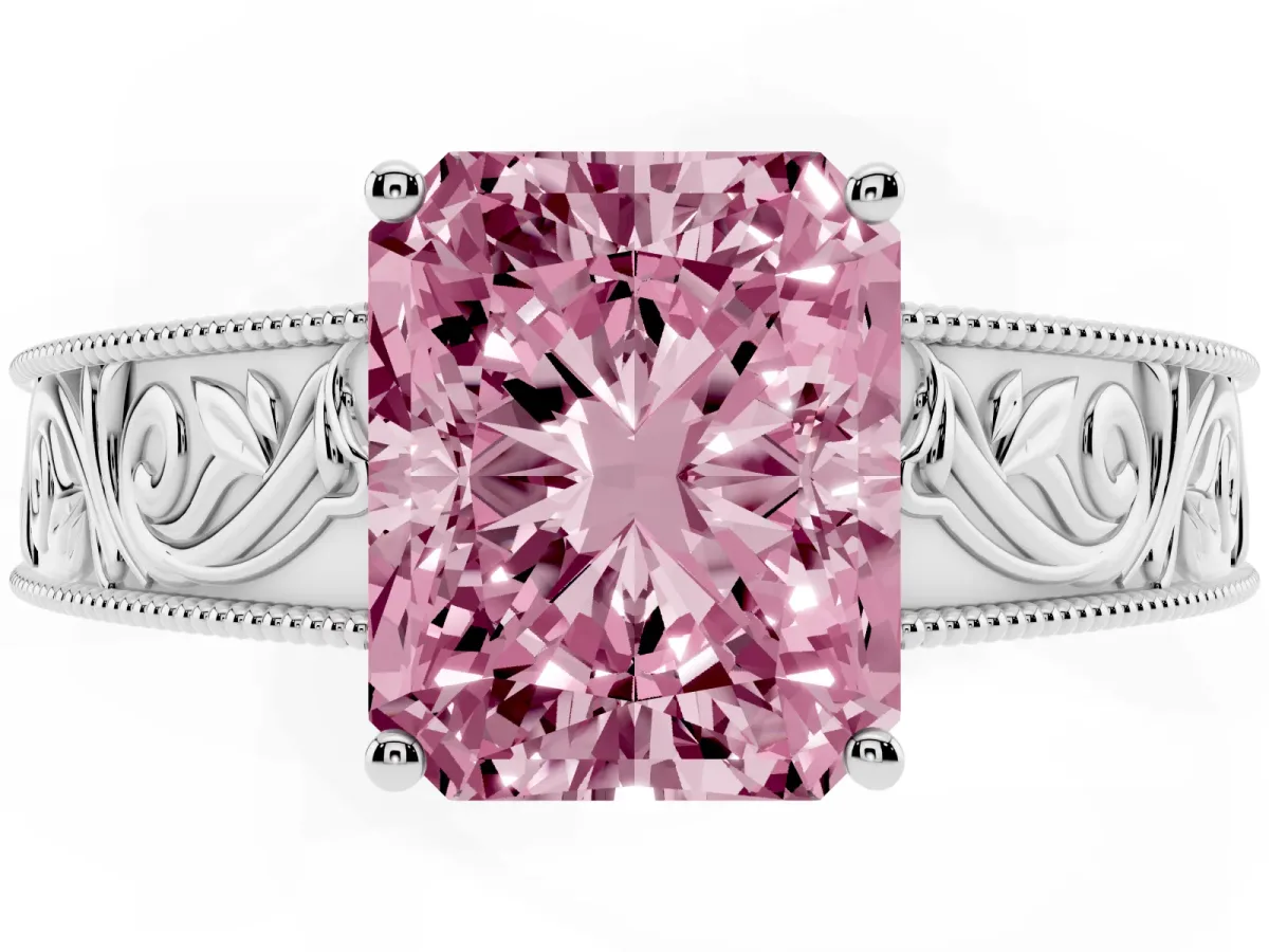 Fancy Pink Radiant Cut Diamond Solitaire Ring with Engraved Band and Four-Prong Setting White gold