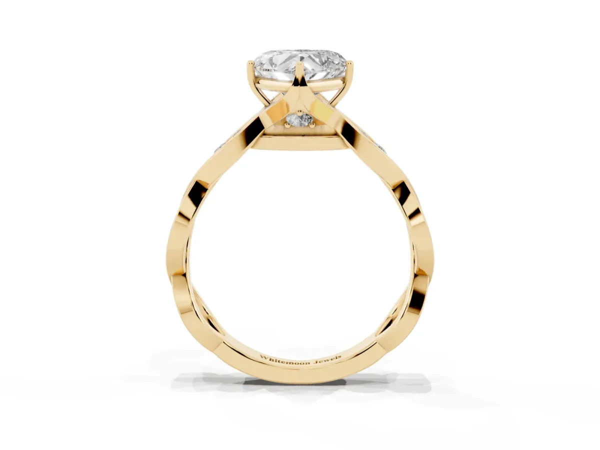 Heart Cut Solitaire Twist Band with Leaf Prong Setting Yellow gold