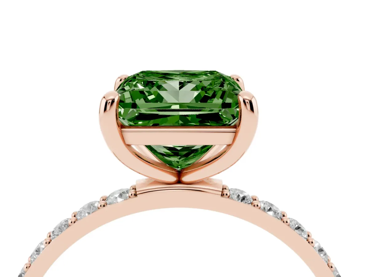 Fancy Green Princess Cut Diamond Solitaire Ring with Round Pavé Band and Prong Setting Rose gold
