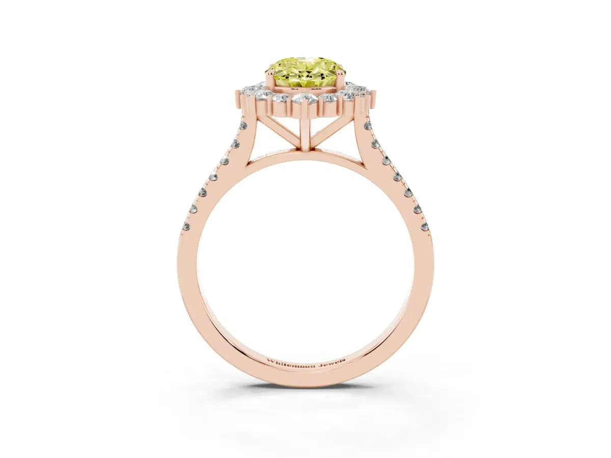 Fancy Yellow Oval Cut Halo Diamond Ring with Pavé Band and Prong Setting Rose gold