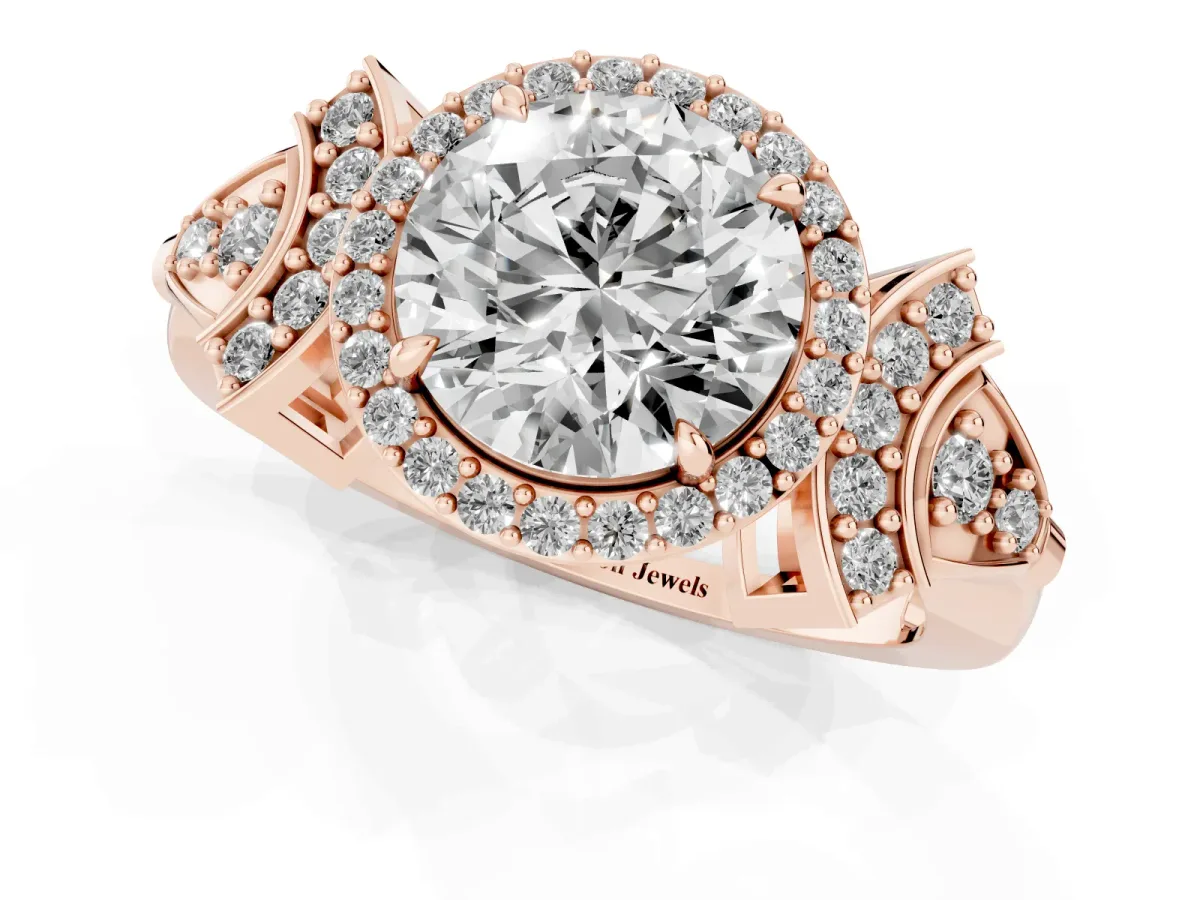 Round Cut Halo Diamond Split Shank Engagement Ring with Four-Prong Setting Rose gold