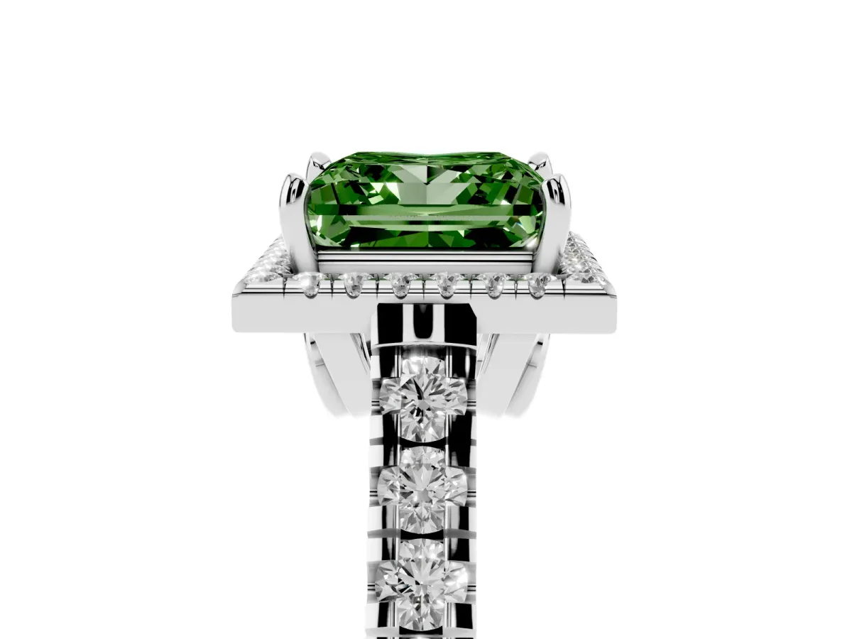 Fancy Green Princess Cut Halo Pavé Diamond Engagement Ring with Four-Prong Setting Platinum