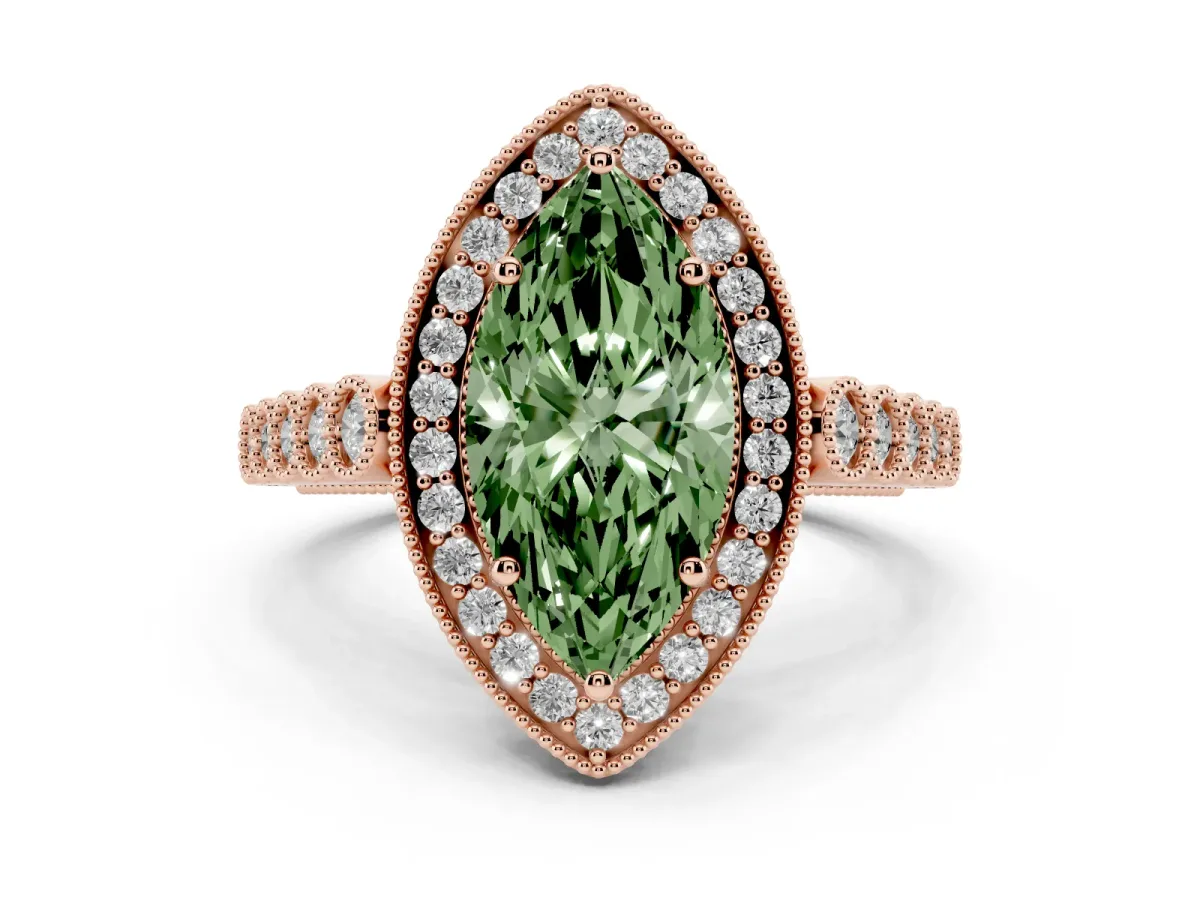 Fancy Green Marquise Cut Halo Milgrain Solitaire with Bezel Set Side Stones and Pave Band Rose gold
