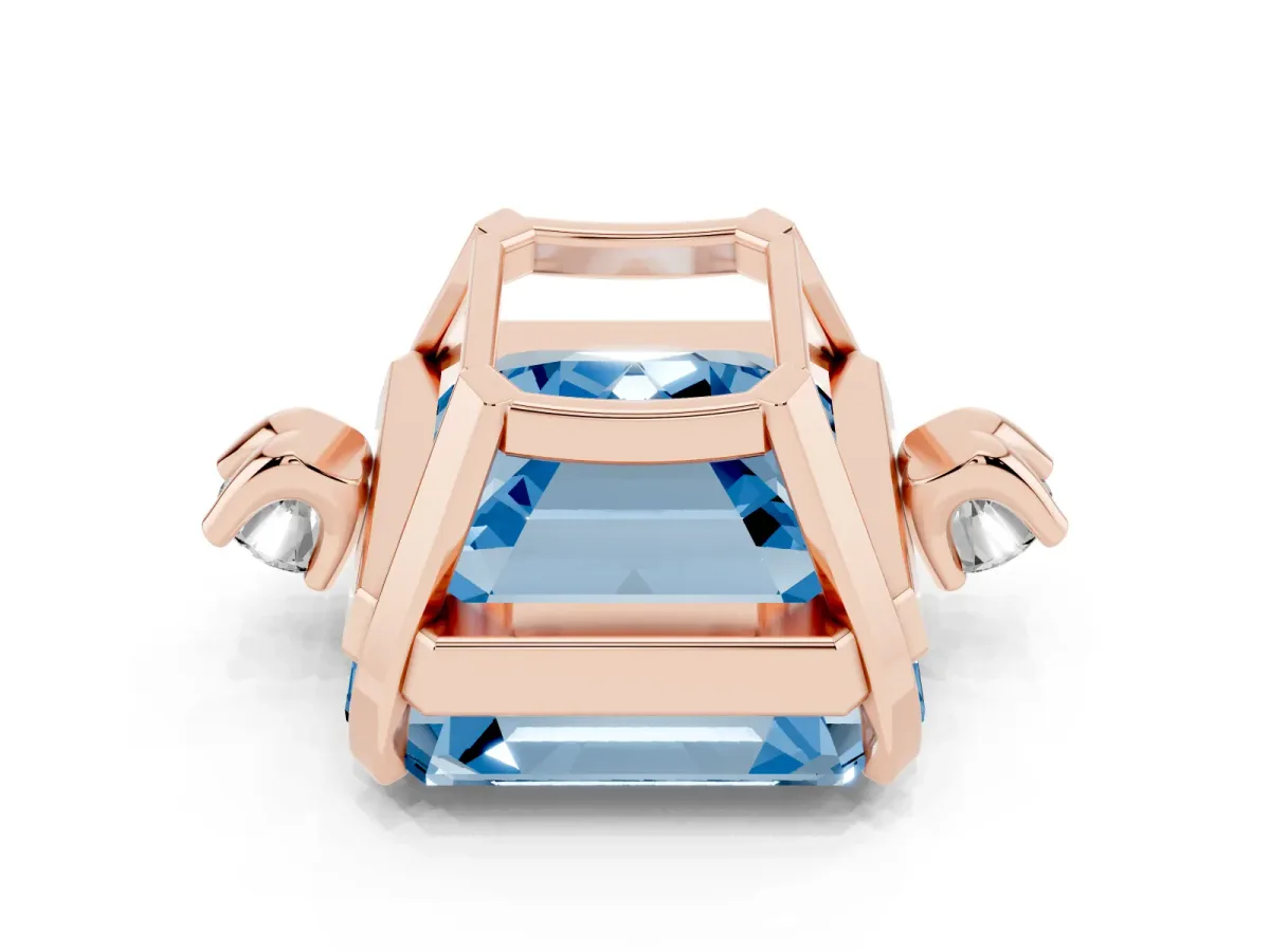 Fancy Blue Asscher Cut Cut Three-Stone Solitaire Ring with Round Accent Diamonds and Four-Prong Setting Rose gold