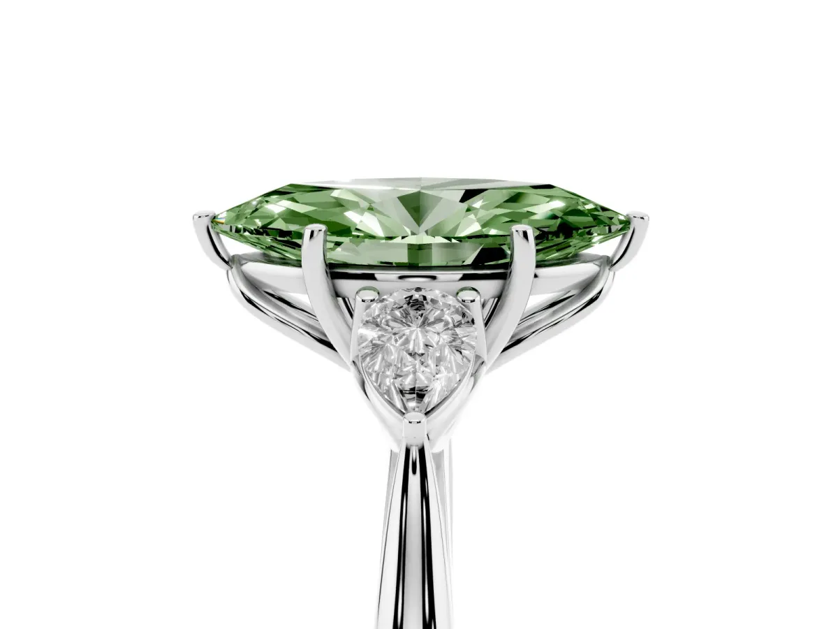 Fancy Green Marquise Cut Diamond Three-Stone Ring with Pear Side Stones and Prong Setting Silver