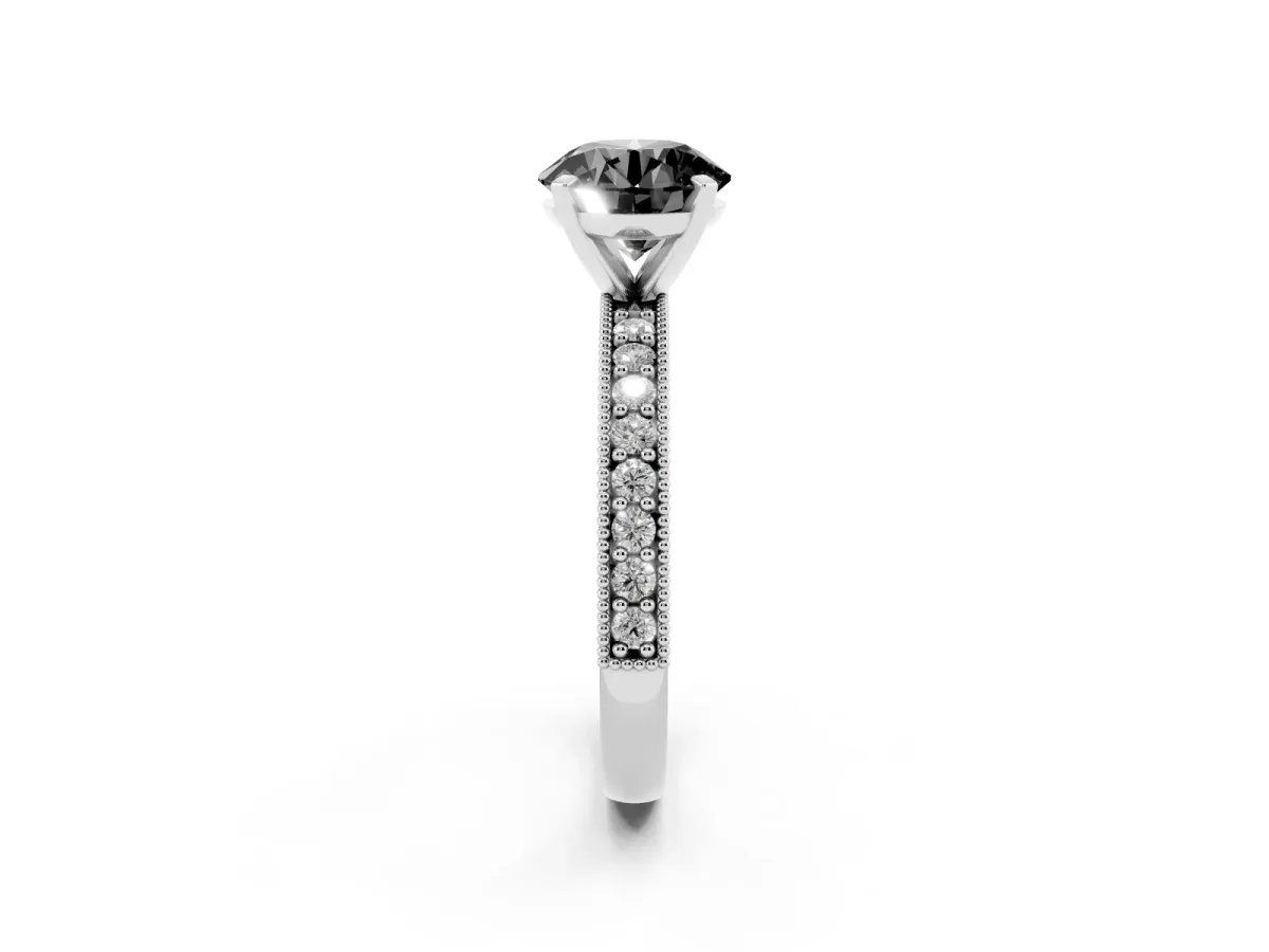 Fancy Black Round Cut Diamond Milgrain Pavé Engagement Ring with Four-Prong Setting Platinum