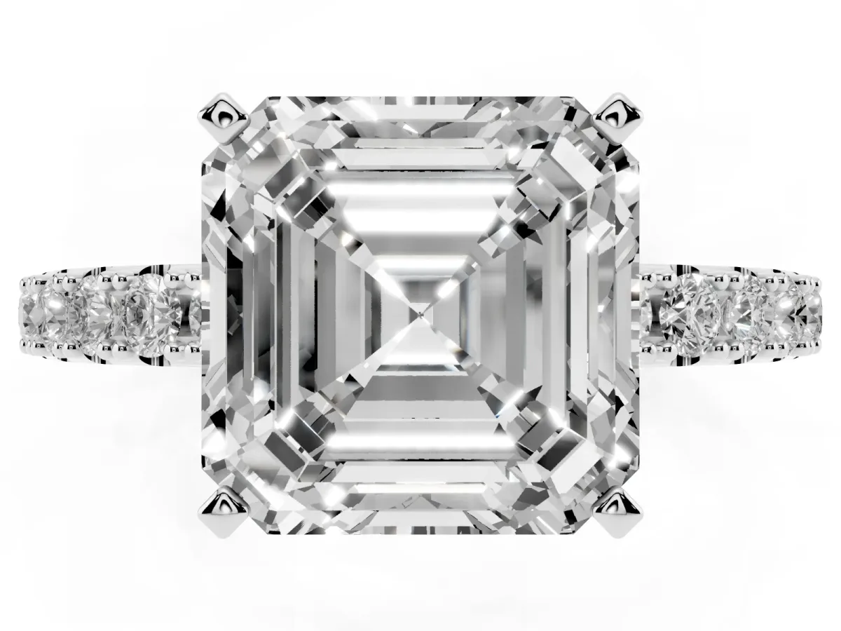 Asscher Cut Diamond Solitaire Pavé Band with Four-Prong Setting Silver
