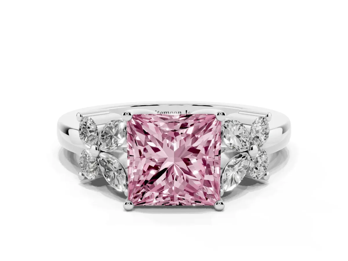 Fancy Pink Princess Cut Diamond Floral Cluster Ring with Solitaire Band and Prong Setting Platinum