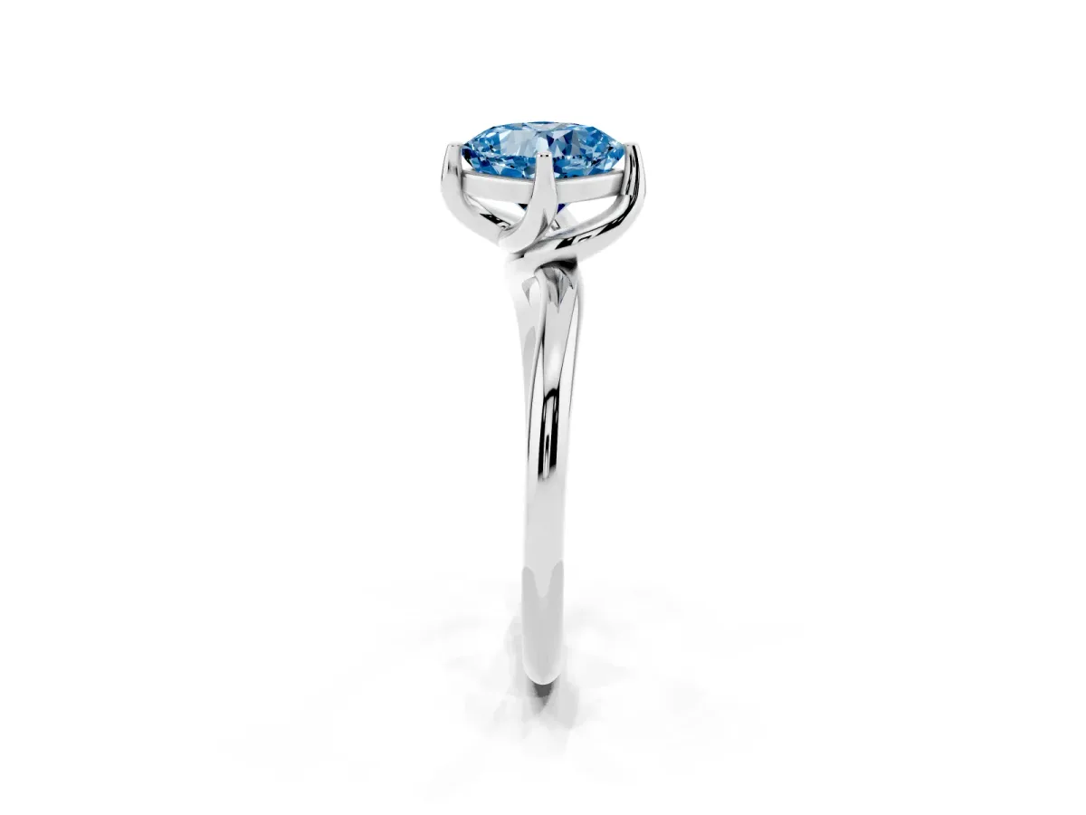 Fancy Blue Cushion Cut Diamond Solitaire Engagement Ring with Four-Prong Setting and Classic Band Silver
