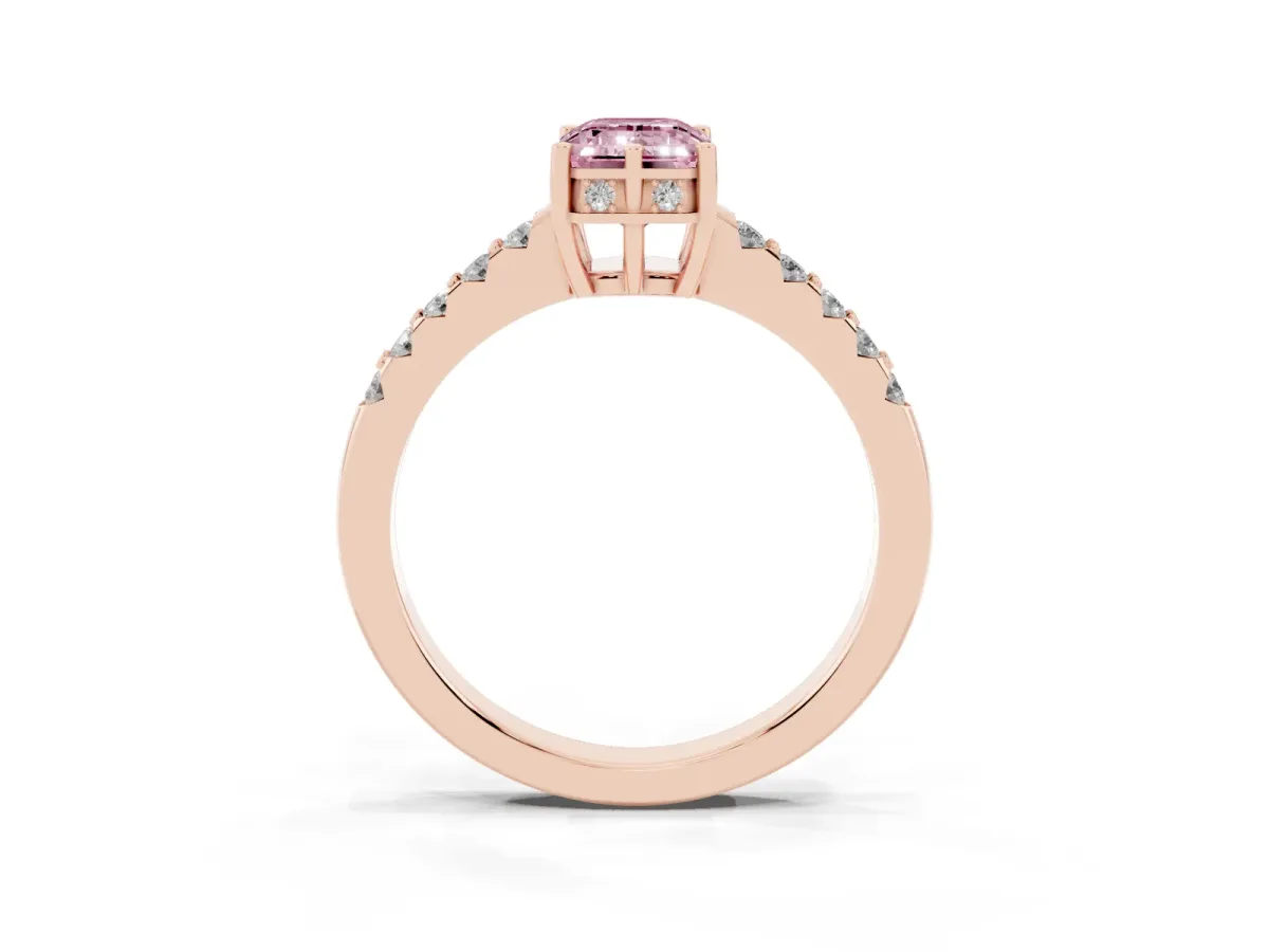 Fancy Pink Emerald Cut Solitaire Diamond Engagement Ring with Pavé Band and Six-Prong Setting Rose gold