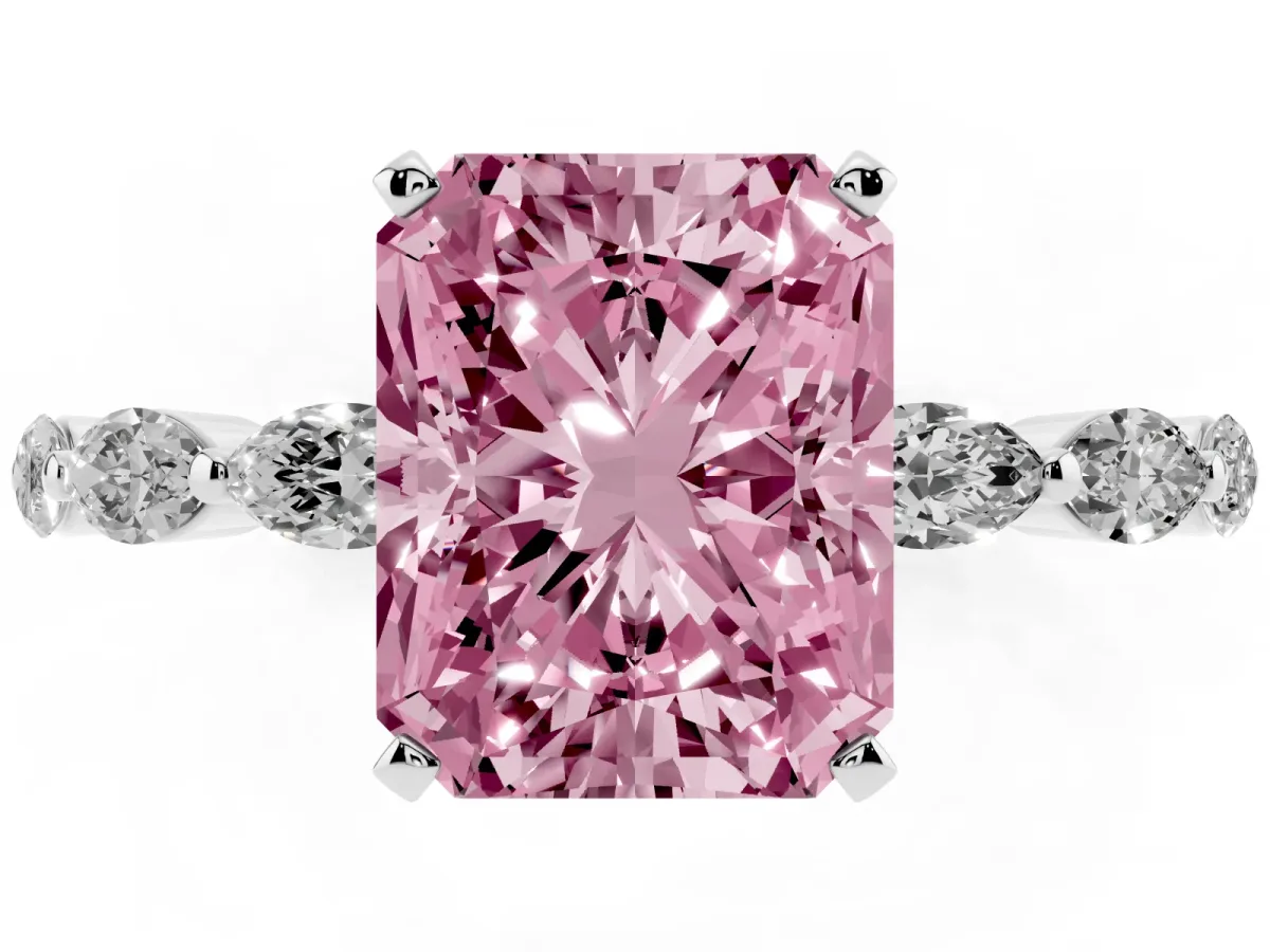 Fancy Pink Radiant Cut Diamond Ring with Marquise Side Stones and Prong Setting Platinum