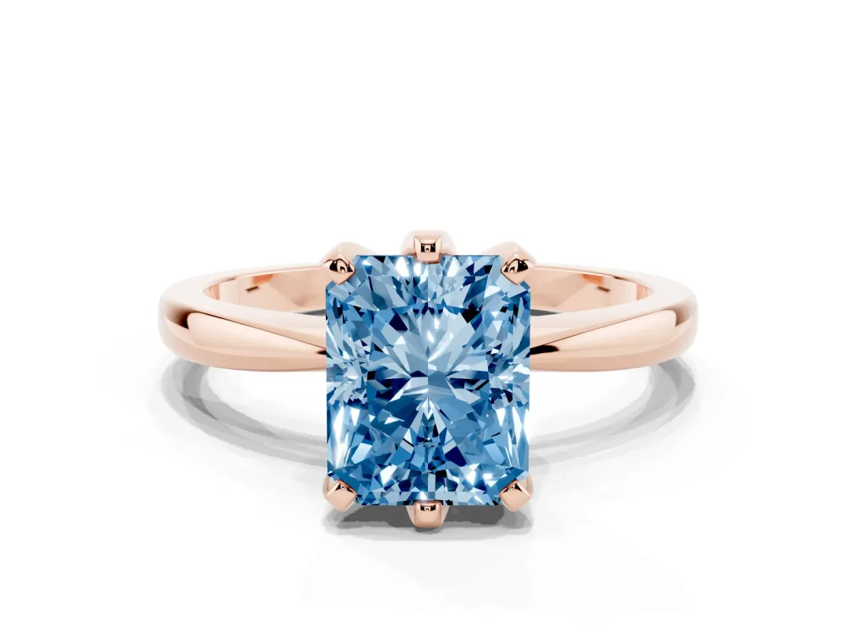 Fancy Blue Radiant Cut Solitaire Engagement Ring with Six-Prong Setting and Tapered Band Rose gold