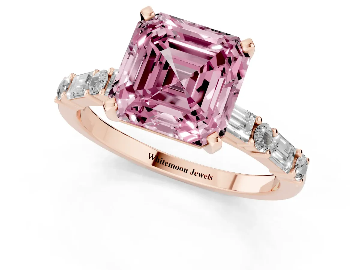 Fancy Pink Asscher Cut Diamond Solitaire with Side Baguettes and Channel Set Band Rose gold