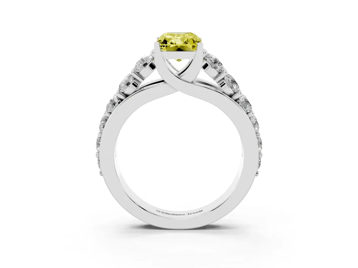 Fancy Yellow Radiant Cut Diamond Engagement Ring with Pavé Band and Four-Prong Setting Silver