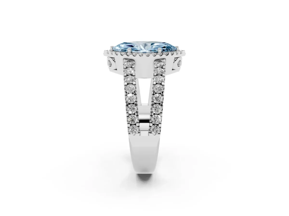 Fancy Blue Marquise Cut Cut Halo Split Shank Diamond Ring with Four-Prong Setting Platinum