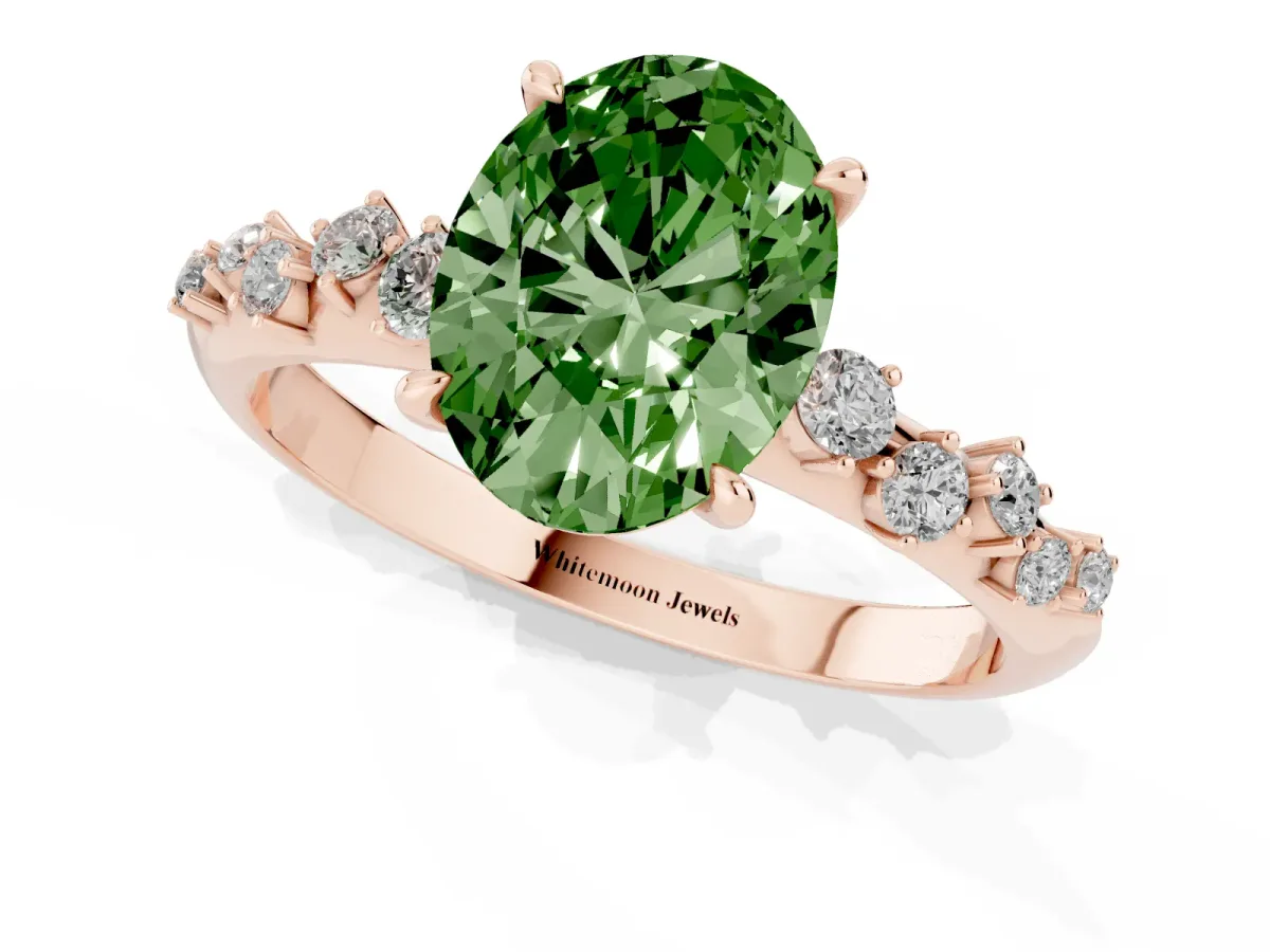 Fancy Green Oval Cut Diamond Cluster Side Stone Solitaire Ring with Prong Setting Rose gold