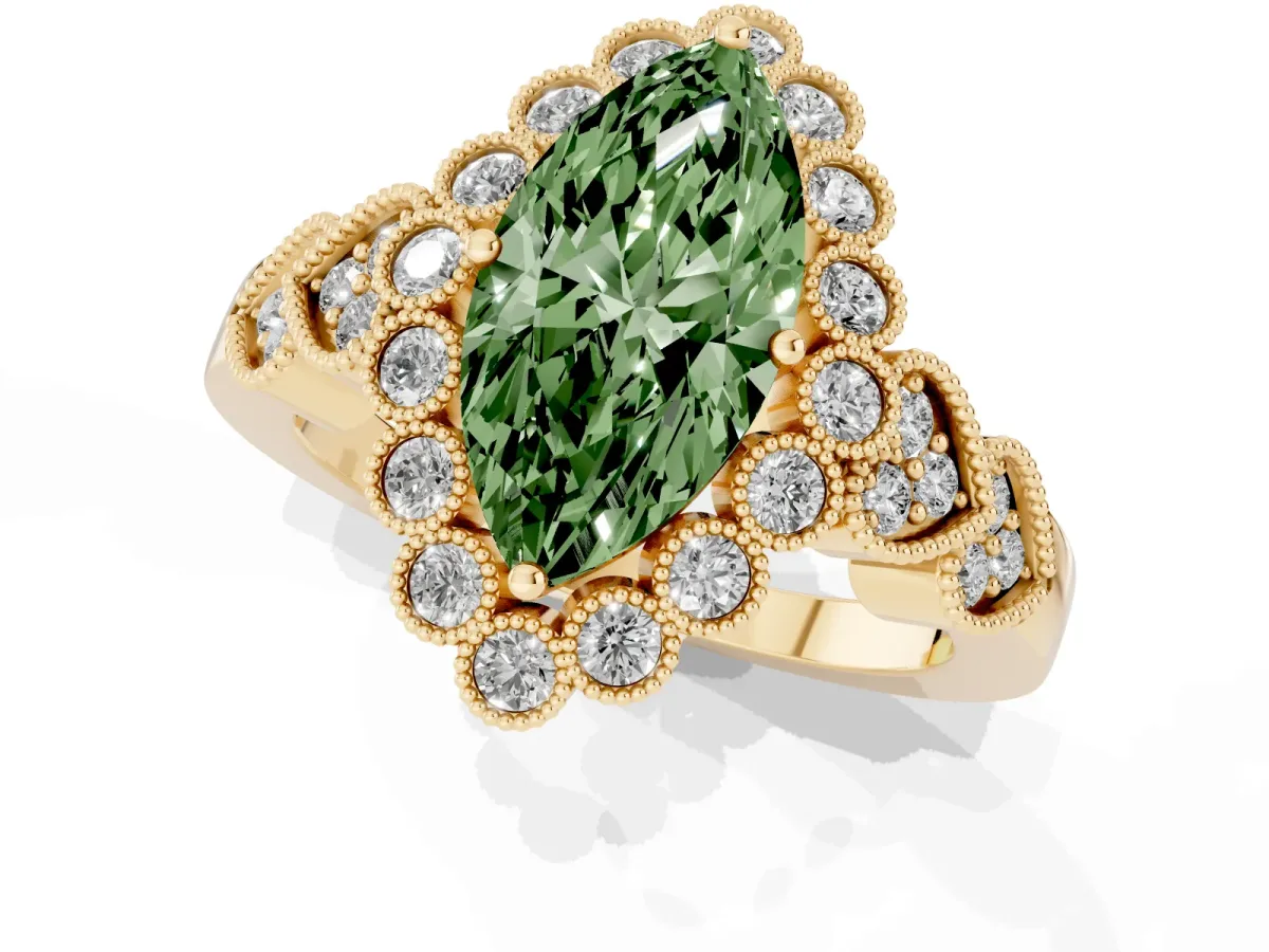 Fancy Green Marquise Cut Brilliant Milgrain Pave Heart Band Solitaire Ring Yellow gold