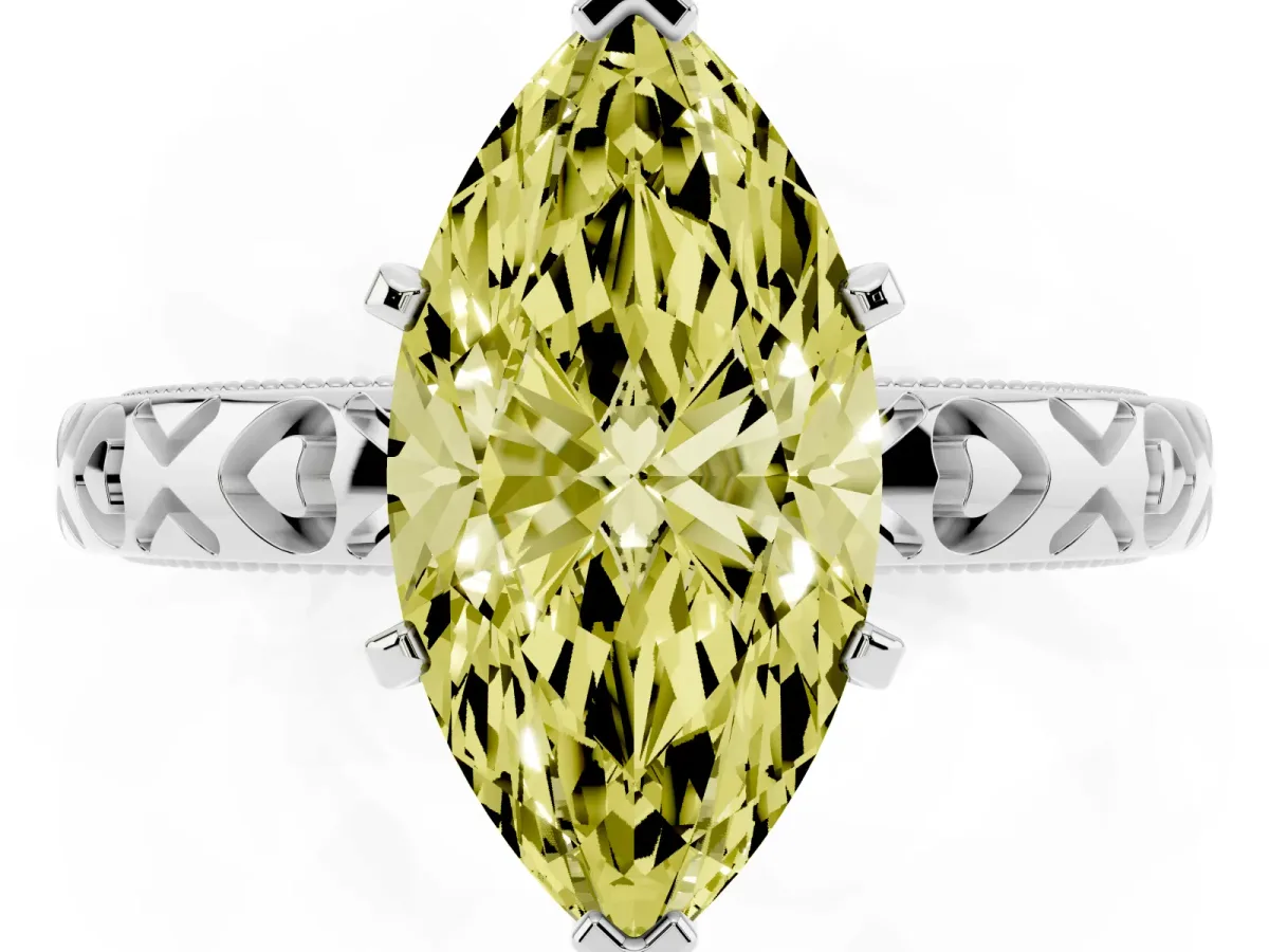 Fancy Yellow Marquise Cut Solitaire Diamond Engagement Ring with XO Engraved Band and Four-Prong Setting White gold