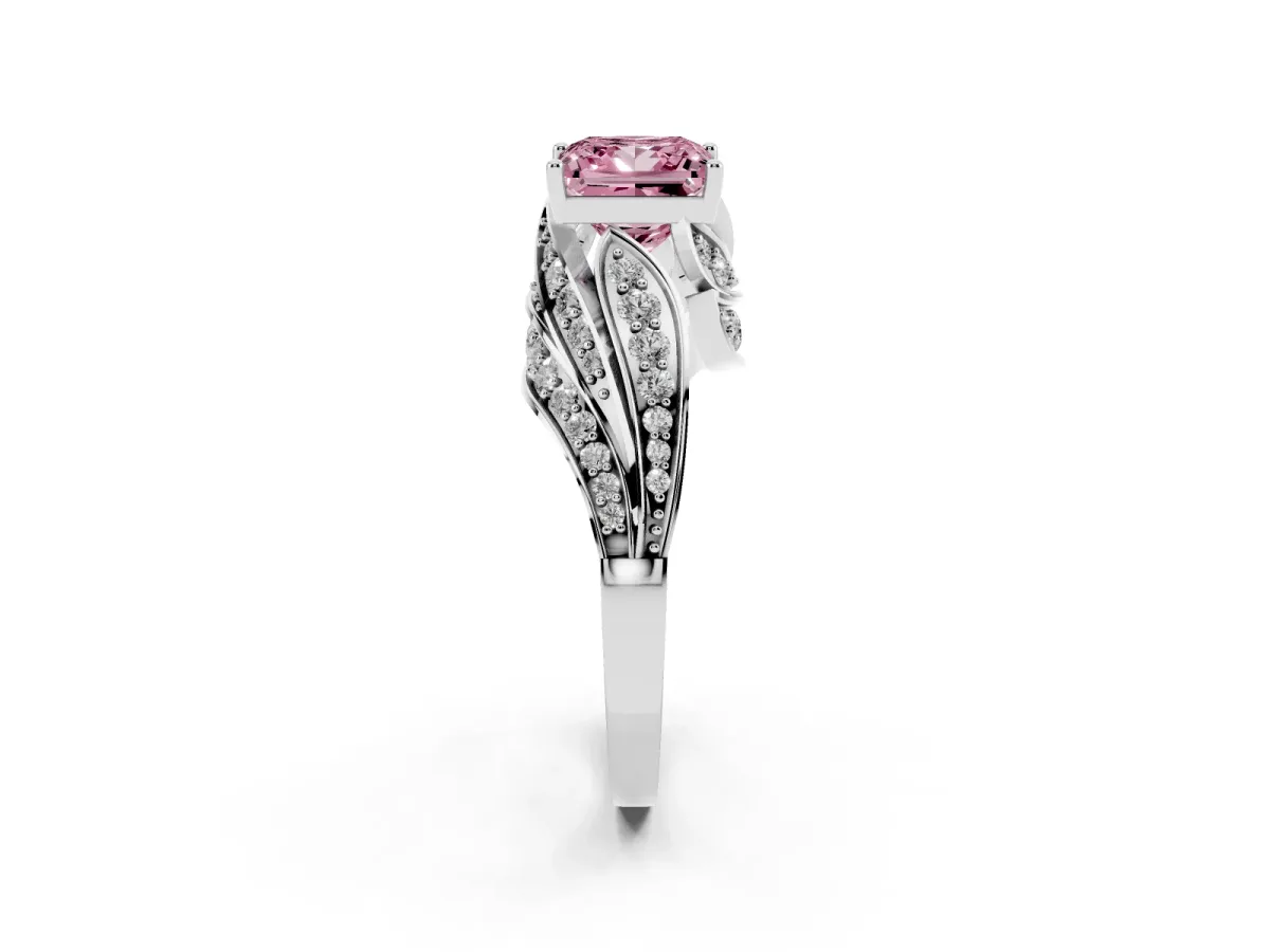 Fancy Pink Princess Cut Diamond Solitaire Ring with Prong Setting and Twisted Pavé Band Silver