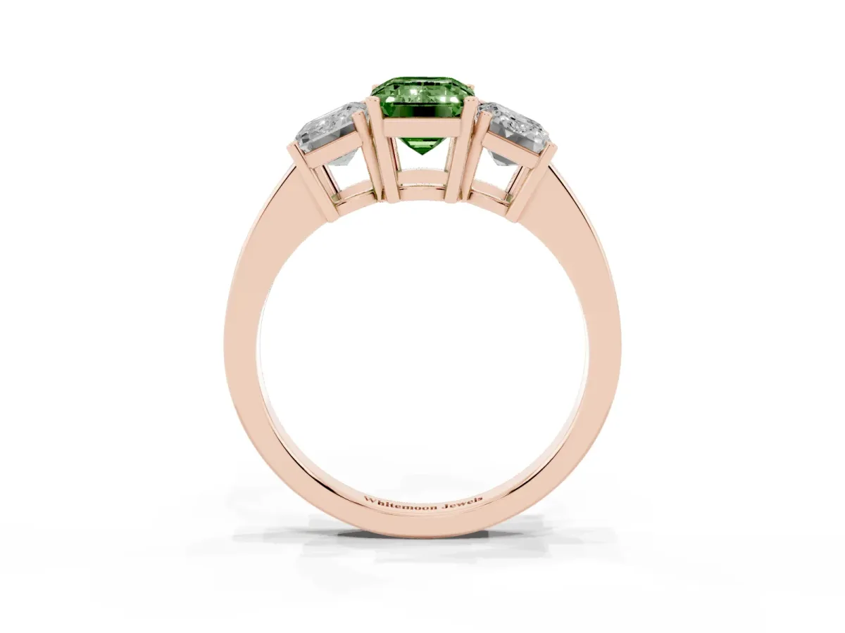 Fancy Green Three-Stone Emerald Cut Cut Diamond Engagement Ring with Flat Band and Four-Prong Setting Rose gold