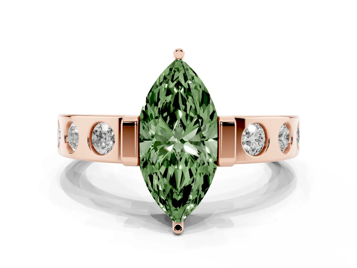 Fancy Green Marquise Cut Brilliant Channel-Set Diamond Ring with Bezel Prong Setting Rose gold